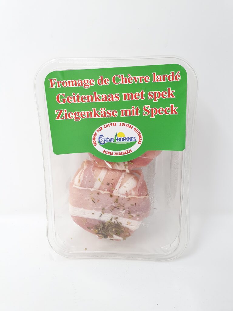 Chèvre lardé 2x60g – Fromage de lait de chèvre pasteurisé enroulé dans des tranches de lard. – Chèvrardennes SA