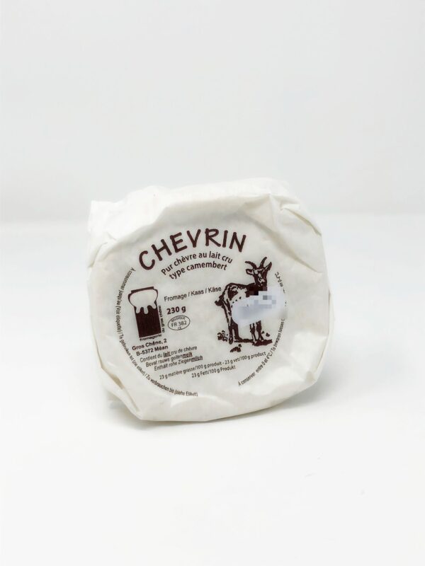 Chevrin camembert chèvre  +/- 280 g Fromagerie du Gros Chêne – Fromage de lait cru de chèvre bio à pâte molle et croûte fleurie de type « Camembert ». – Fromagerie du Gros Chêne