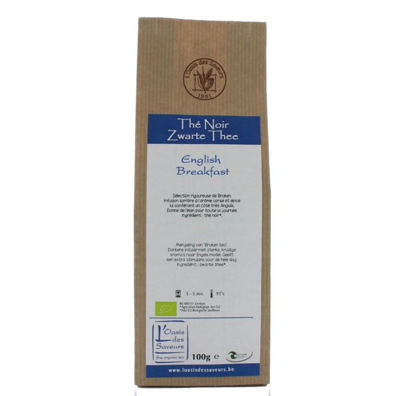 Thé "English Breakfast" 100g Oasis des Saveurs Bio – Un mélange de thés noirs soigneusement assemblés pour un réveil aux saveurs anglaises. – L'oasis des saveurs Thé "English Breakfast" 100g Oasis des Saveurs Bio – Un mélange de thés noirs soigneusement assemblés pour un réveil aux saveurs anglaises. – L'oasis des saveurs