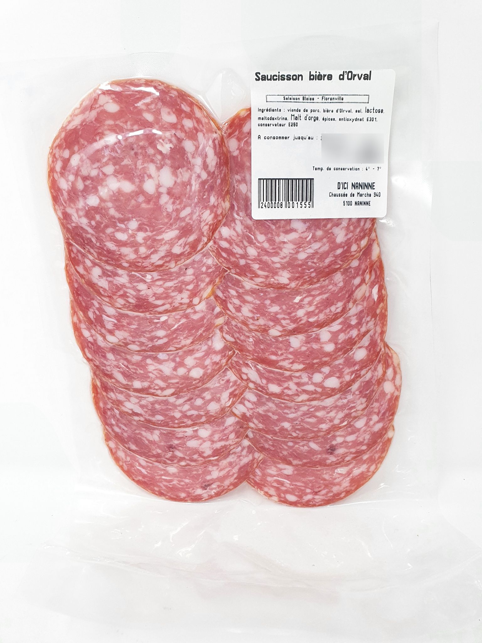 Saucisson à la bière d'Orval 10 à 12 tranches pour +/- 120g Salaisons – - – Salaisons G. Blaise Saucisson à la bière d'Orval 10 à 12 tranches pour +/- 120g Salaisons – - – Salaisons G. Blaise