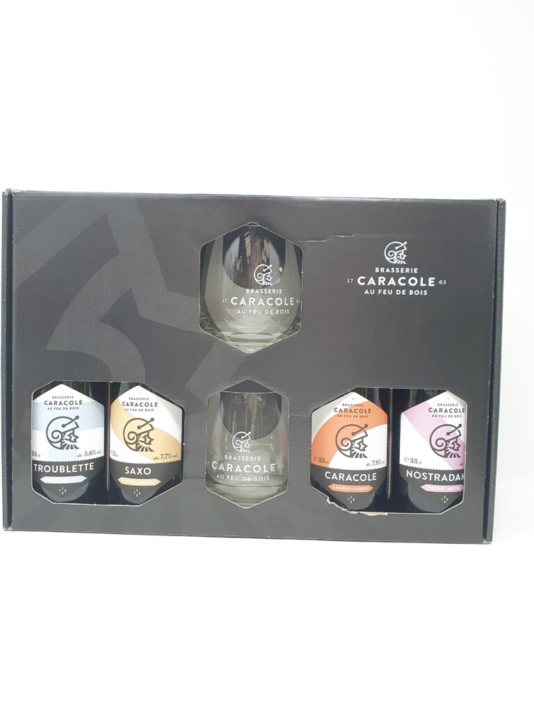Pack Caracole feu de bois – Le pack découverte de la brasserie Caracole contenant leurs 4 bière emblématiques et deux verres. – Brasserie Caracole