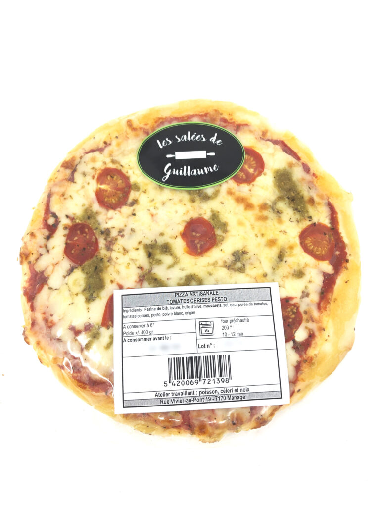 Pizza tomates cerises pesto diamètre 23cm Les Salées de Guillaume – Une pizza gourmande aux tomates cerises et au pesto. – Les salées de Guillaume