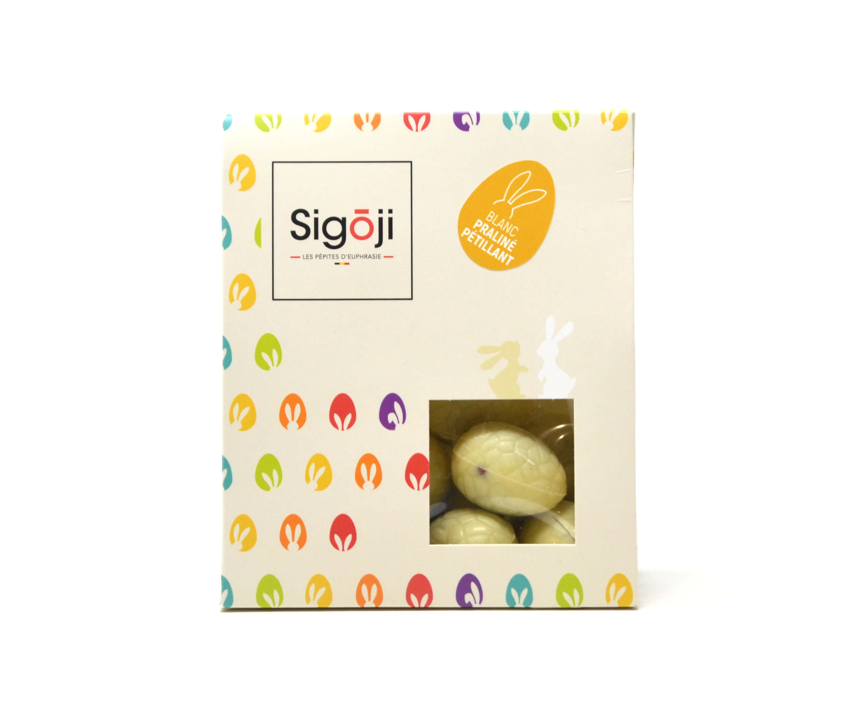 Œufs Chocolat blanc-praliné pétillant 100g Sigoji – - – Sigoji Œufs Chocolat blanc-praliné pétillant 100g Sigoji – - – Sigoji